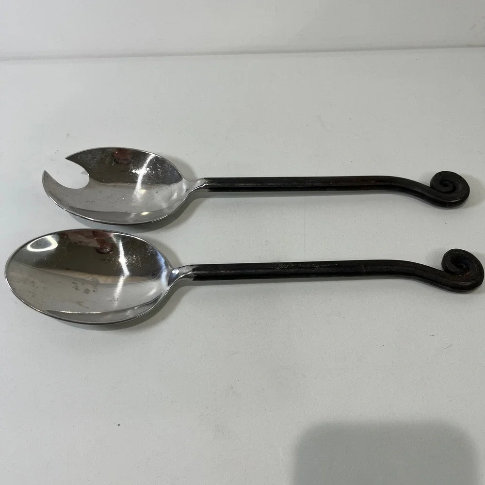 Vtg Pottery Barn Serving Silver Blackened Fiddlehead Stainless Scroll Utensils